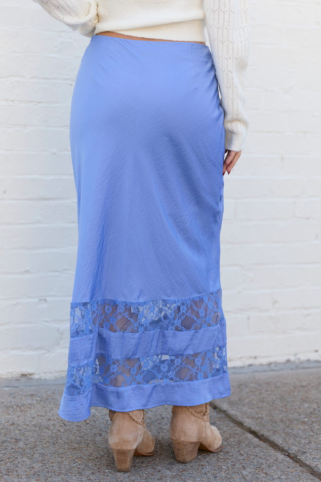 Kaden Blue Satin Lace Inset Midi Skirt FINAL FINAL SALE