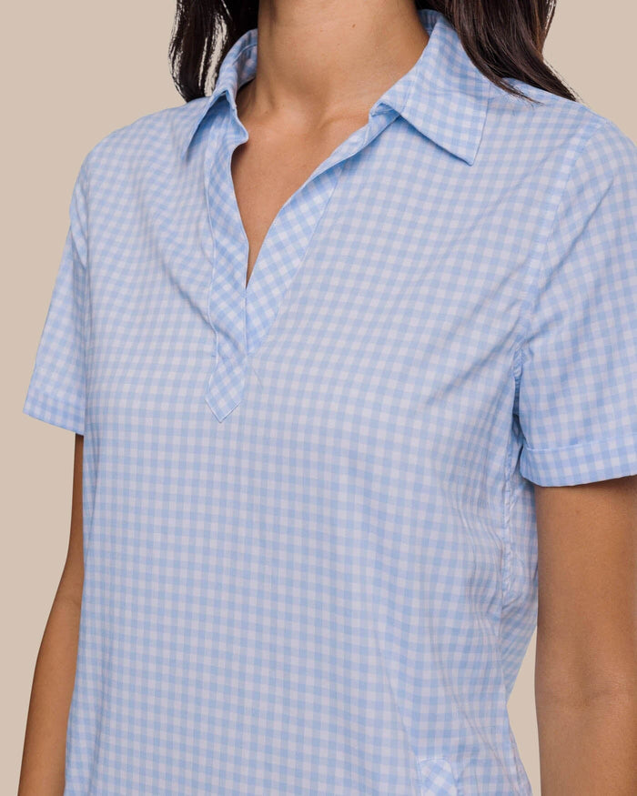 The top detail view of the Southern Tide Kamryn brrr°® Intercoastal Gingham Dress by Southern Tide - Sky Blue