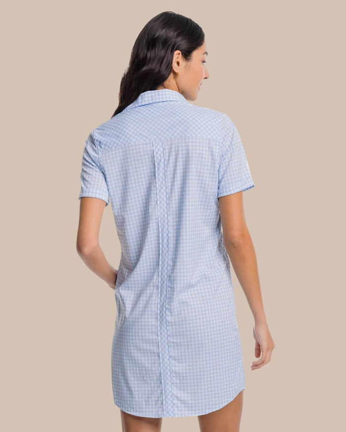 The back view of the Southern Tide Kamryn brrr°® Intercoastal Gingham Dress by Southern Tide - Sky Blue