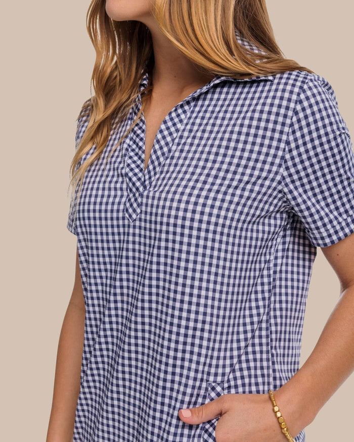 The detail view of the Southern Tide Kamryn brrr°® Intercoastal Gingham Dress by Southern Tide - Nautical Navy