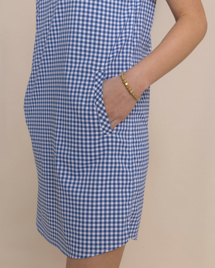 The detail view of the Southern Tide Kamryn Gingham Coastal Breeze® Dress by Southern Tide - Nautical Blue