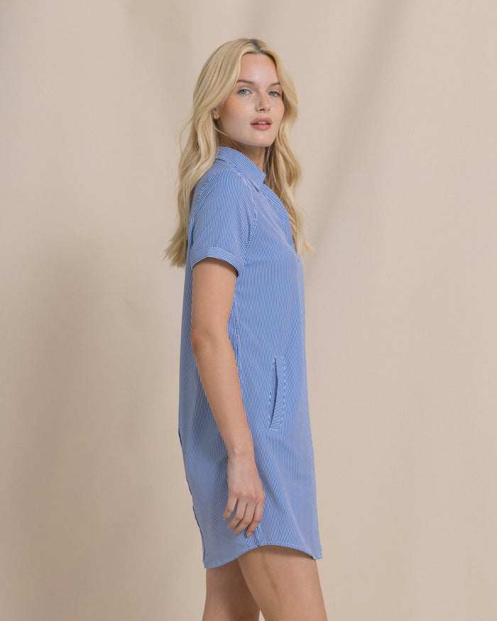 The side view of the Southern Tide Kamryn Stripe Coastal Breeze® Dress by Southern Tide - Cobalt Blue