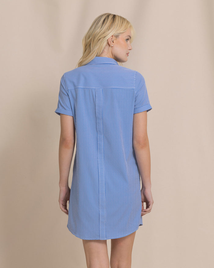 The back view of the Southern Tide Kamryn Stripe Coastal Breeze® Dress by Southern Tide - Cobalt Blue
