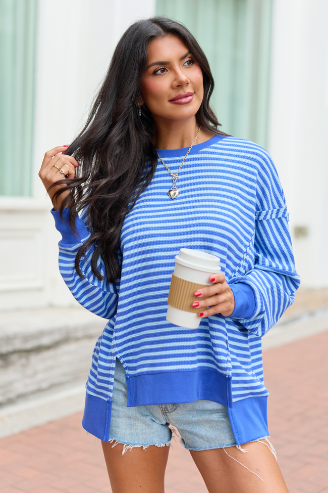 Kara Blue Stripe Waffle Pullover