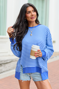 Kara Blue Stripe Waffle Pullover