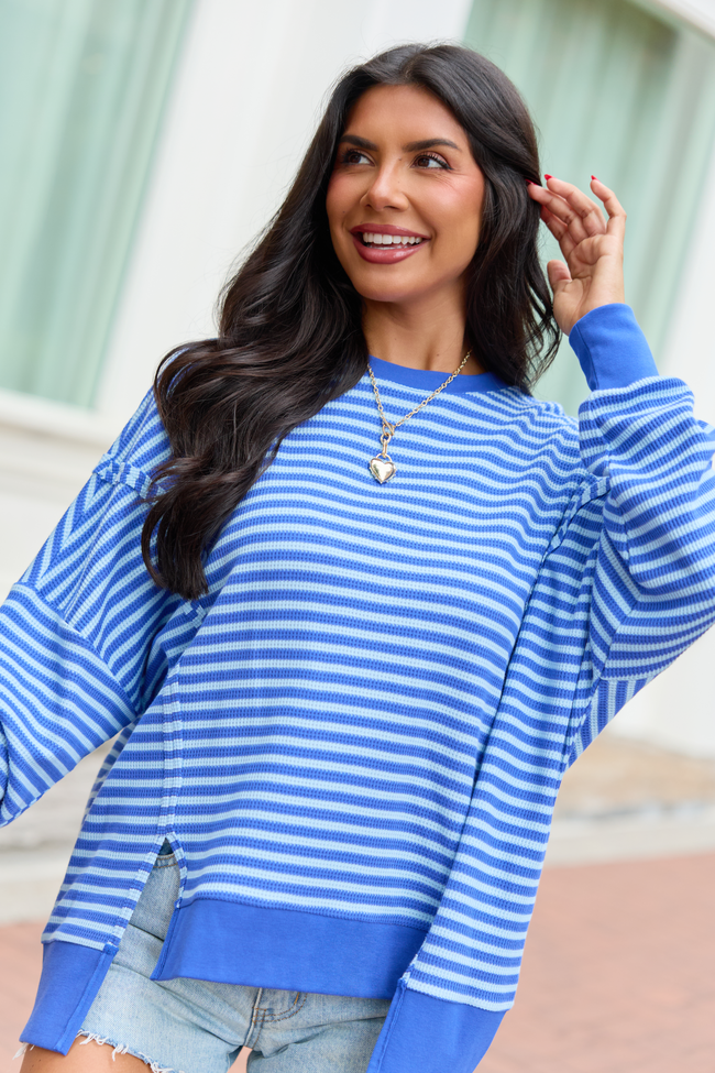 Kara Blue Stripe Waffle Pullover