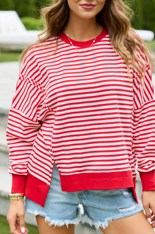 Kara Red And White Stripe Waffle Pullover
