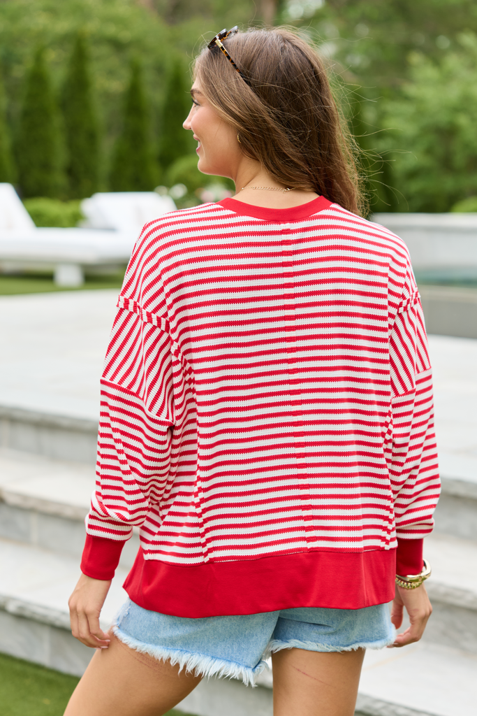 Kara Red And White Stripe Waffle Pullover