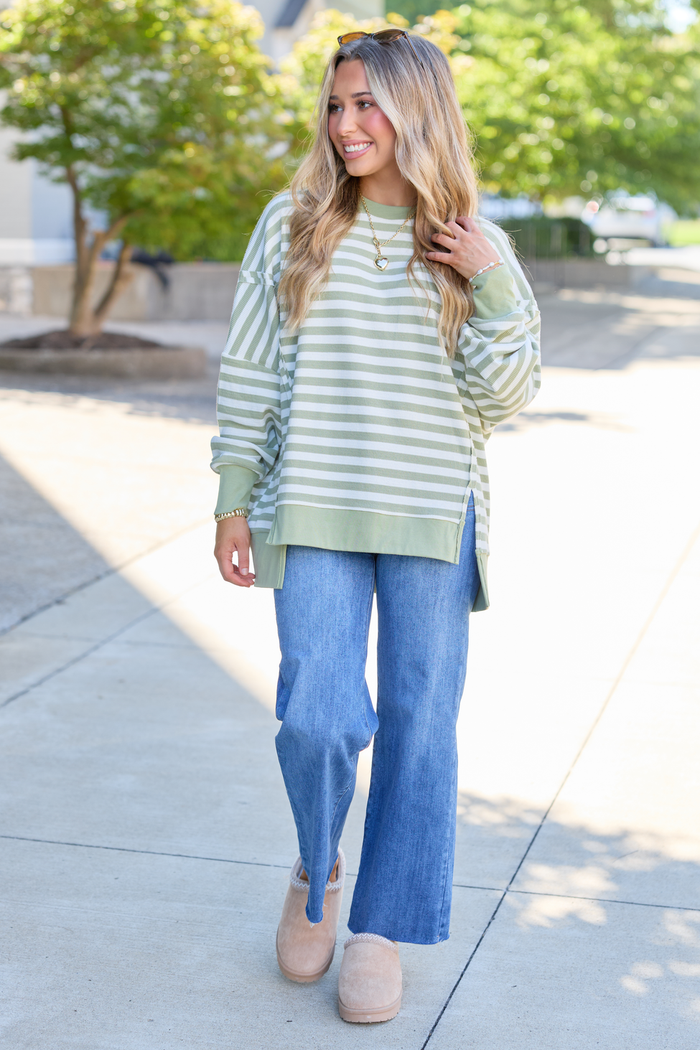 Kara Sage Stripe Waffle Pullover