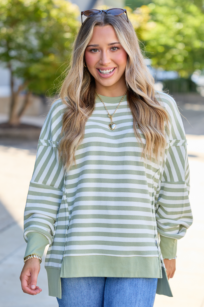 Kara Sage Stripe Waffle Pullover
