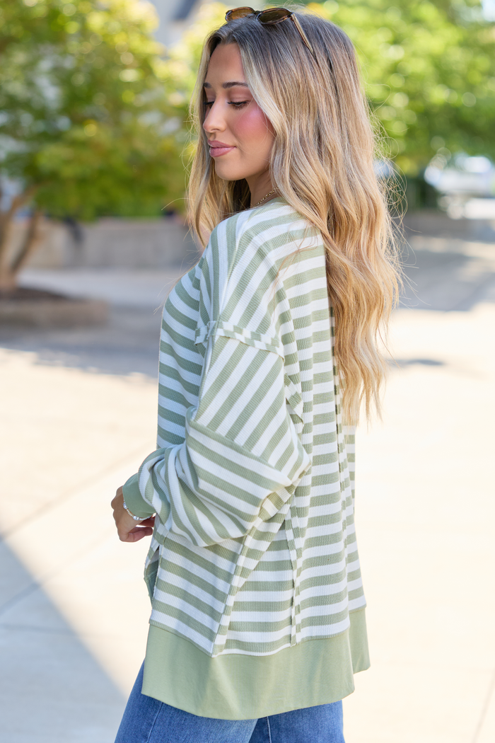 Kara Sage Stripe Waffle Pullover