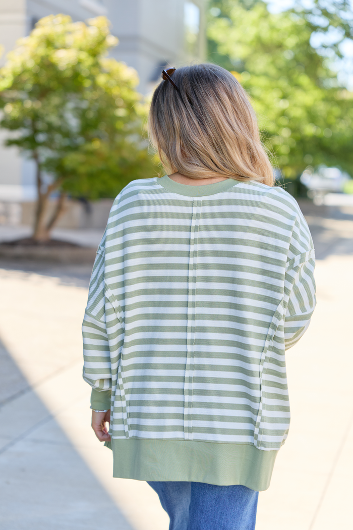 Kara Sage Stripe Waffle Pullover