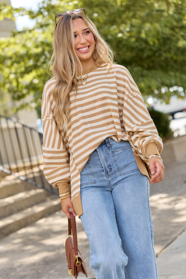 Kara Tan Stripe Waffle Pullover