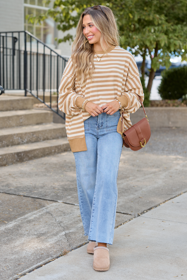 Kara Tan Stripe Waffle Pullover