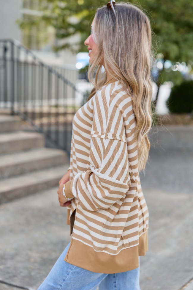 Kara Tan Stripe Waffle Pullover