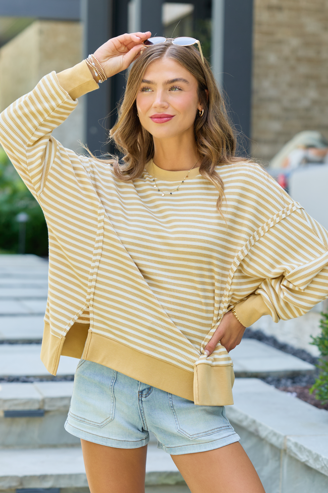 Kara Yellow Stripe Waffle Pullover