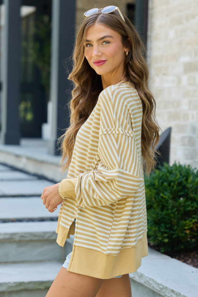 Kara Yellow Stripe Waffle Pullover
