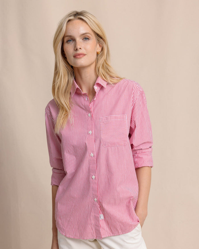 The front view of the Southern Tide Katherine Stripe Shirt by Southern Tide - Grenadine Red