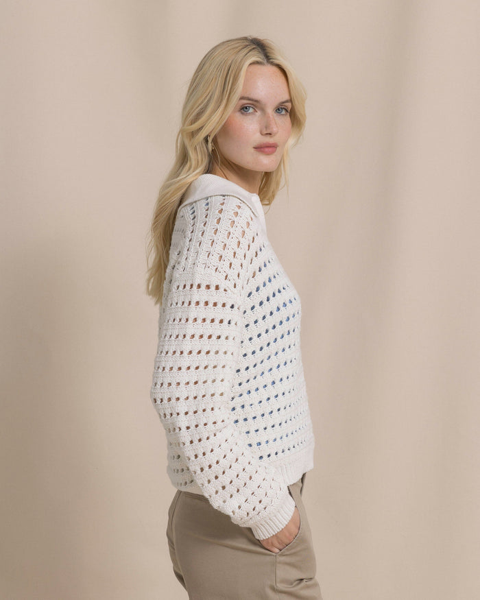 The side view of the Southern Tide Kay Sailor Collar Sweater by Southern Tide - Star White
