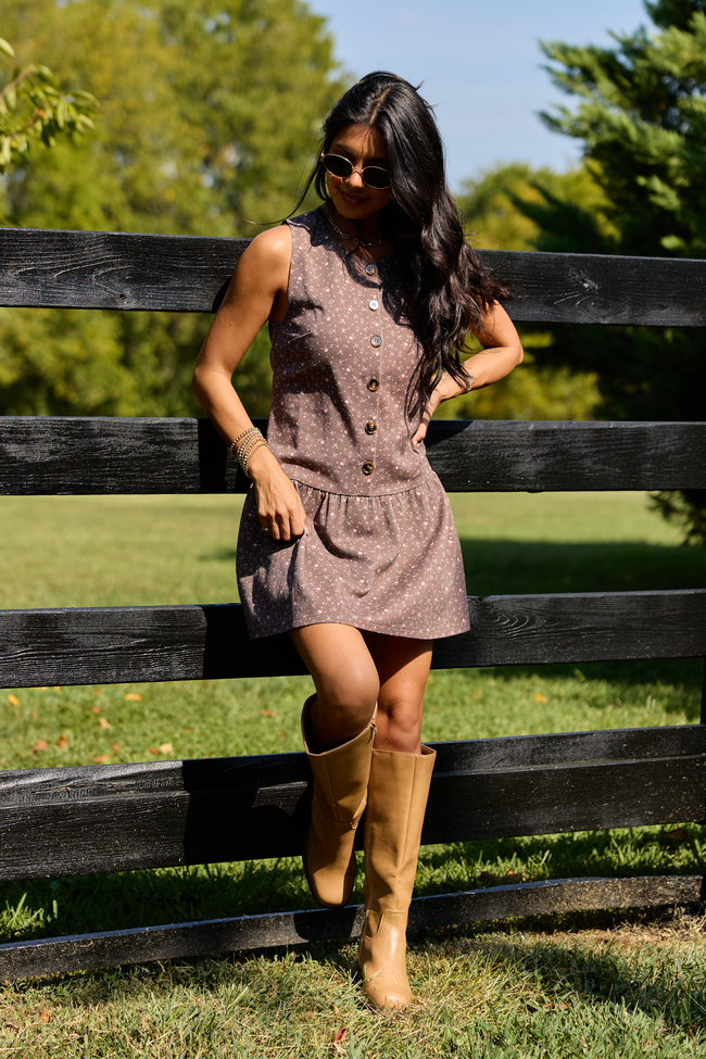 Keepsake Brown Floral Drop Waist Mini Dress