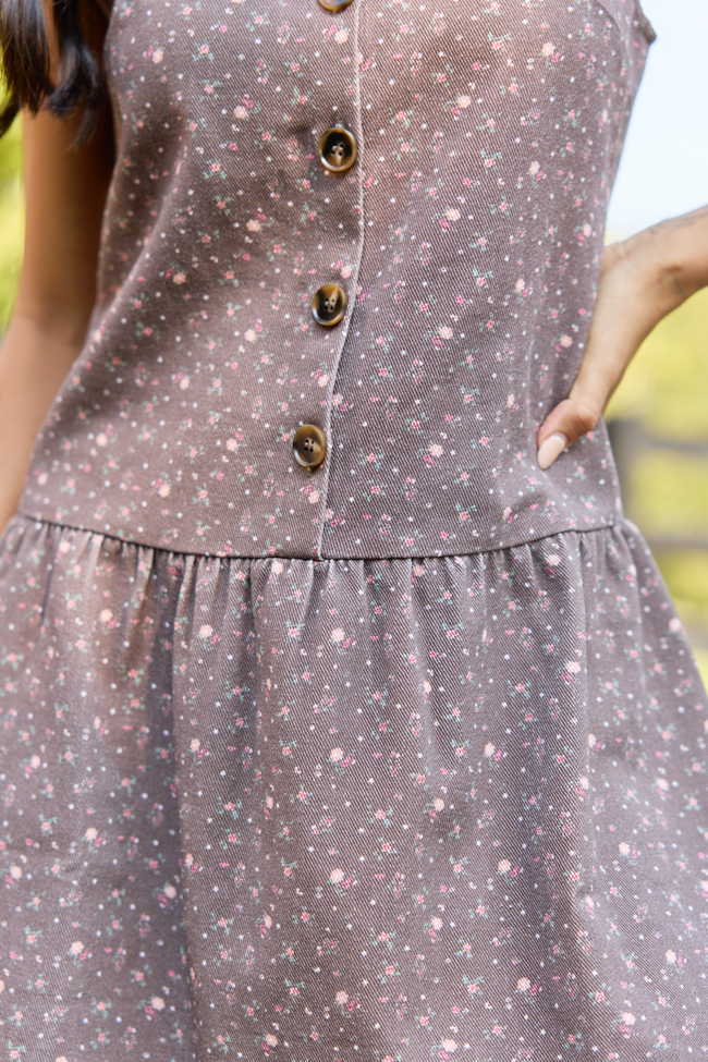 Keepsake Brown Floral Drop Waist Mini Dress