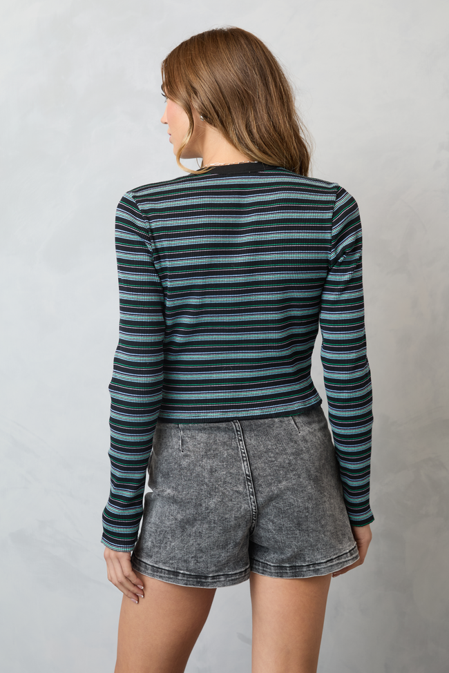 Keiko Black Multi Striped Long Sleeve Crewneck Top FINAL SALE