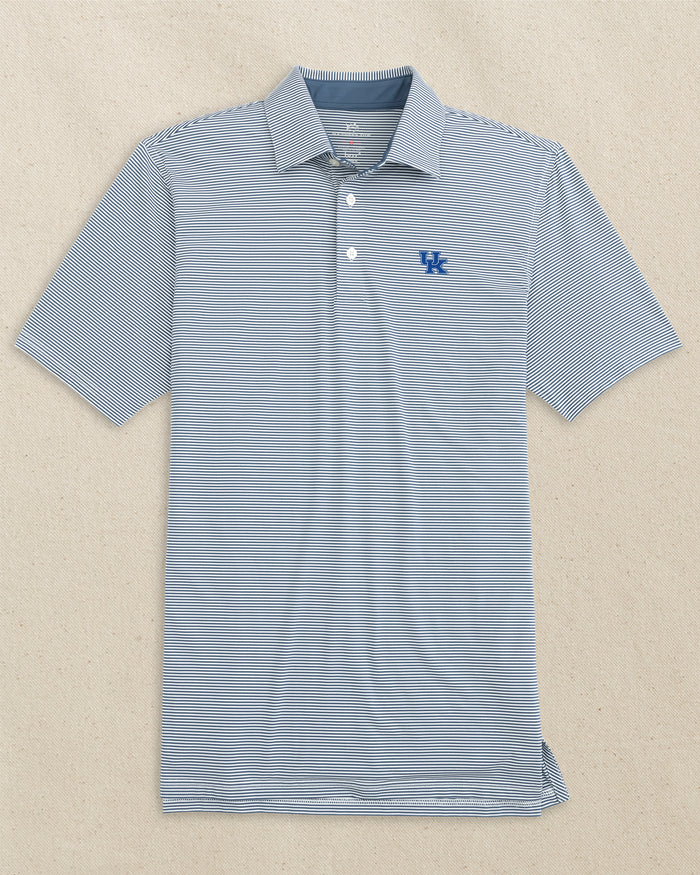 The front view of the Southern Tide Kentucky Wildcats brrr°®-eeze Meadowbrook Stripe Polo by Southern Tide - Aged Denim