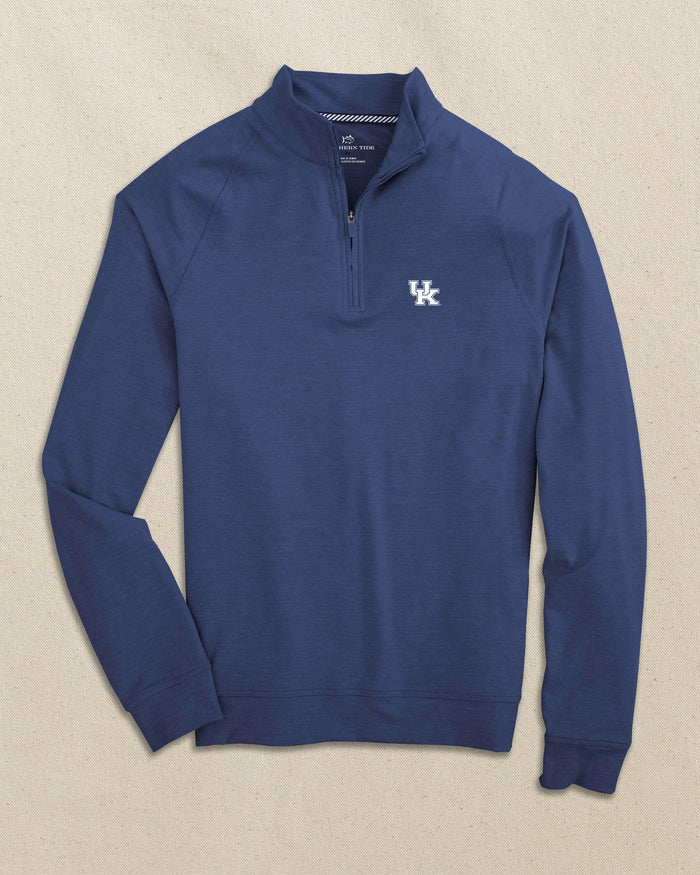 The front view of the Southern Tide Kentucky Wildcats Cruiser Quarter Zip by Southern Tide - Heather University Blue