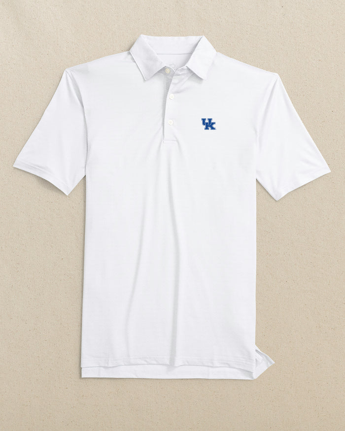 The front view of the Southern Tide Kentucky Wildcats Driver ST Geo Printed Polo by Southern Tide - Classic White