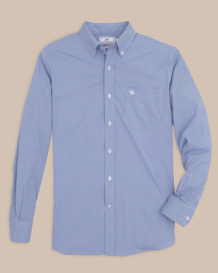 The front view of the Kentucky Wildcats Gingham Button Down Shirt by Southern Tide - University Blue