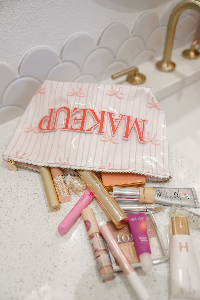KenzKustomz Pink Ribbons Clear Coat Bag - Makeup *PREORDER