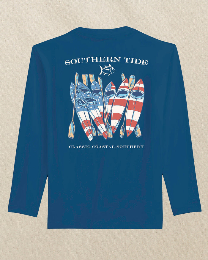 The back view of the Southern Tide Kids Americana Performance Long Sleeve T-Shirt by Southern Tide - Nautical Blue
