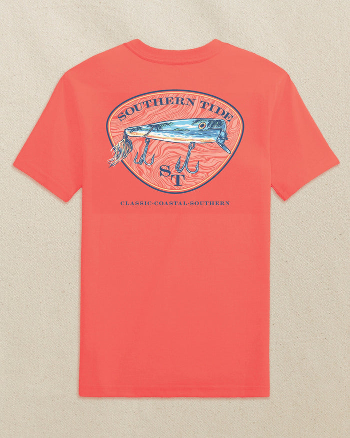 The back view of the Southern Tide Kids Beach Lure Short Sleeve T-Shirt by Southern Tide - Orange Blossom