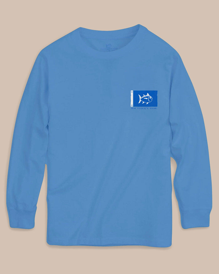 The front view of the Southern Tide Kids Catch Flags Long Sleeve T-Shirt by Southern Tide - Ocean Channel