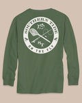 The back view of the Southern Tide Kids Fly Fishing Badge Long Sleeve T-Shirt by Southern Tide - Cedar Green