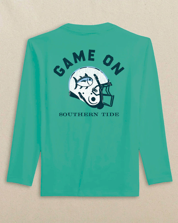 The back view of the Southern Tide Kids Helmet Long Sleeve T-Shirt by Southern Tide - Persian Green