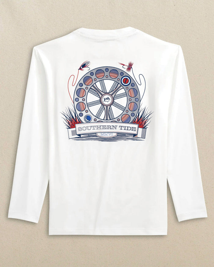 The back view of the Southern Tide Kids Keep It Reel Performance Long Sleeve T-Shirt by Southern Tide - Classic White
