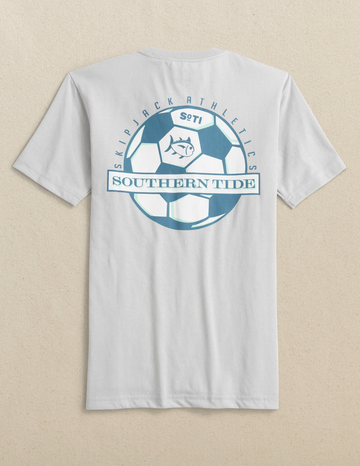The back view of the Southern Tide Kids Kicking It Athletics Short Sleeve T-Shirt by Southern Tide - Platinum Grey