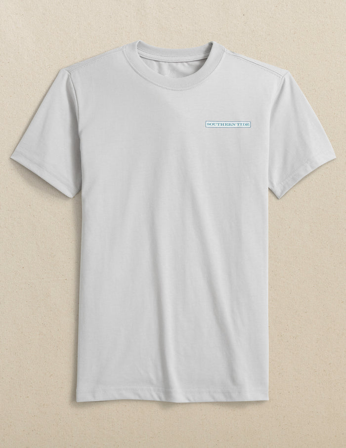 The front view of the Southern Tide Kids Kicking It Athletics Short Sleeve T-Shirt by Southern Tide - Platinum Grey