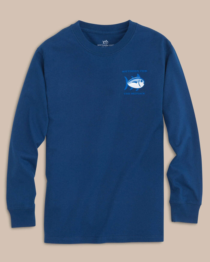 The front view of the Southern Tide Kids Long Sleeve Original Skipjack T-Shirt by Southern Tide - Yacht Blue