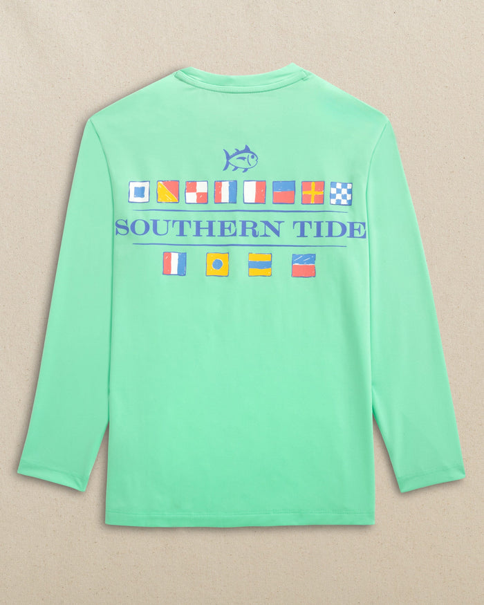 The back view of the Southern Tide Kids Nautical Flags Long Sleeve Performance T-Shirt by Southern Tide - Gulf Shores