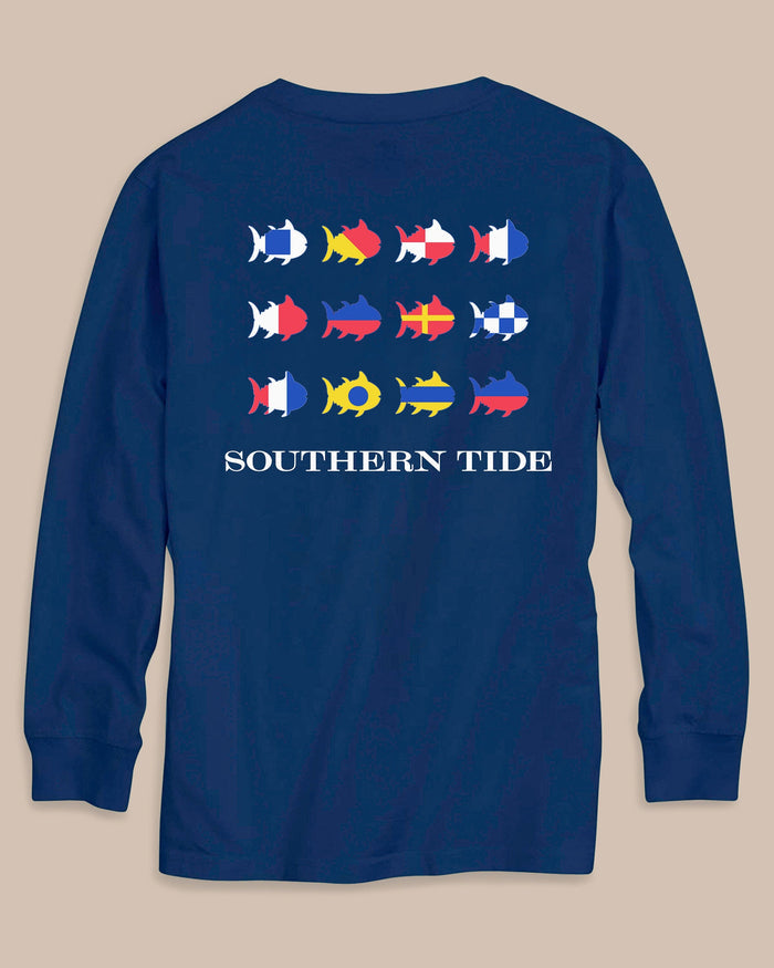 The back view of the Southern Tide Kids Nautical Flags Long Sleeve T-Shirt by Southern Tide - Nautical Blue