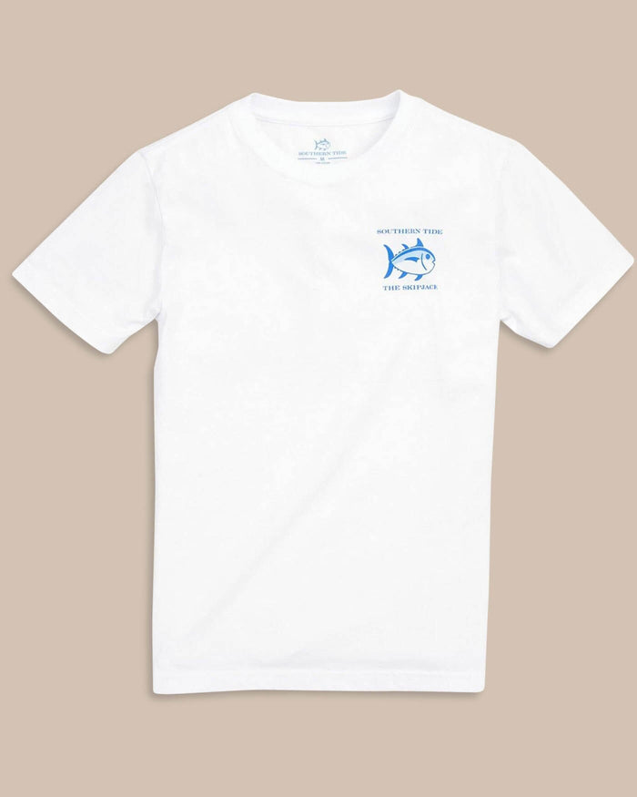 The front view of the Kid's White Original Skipjack T-Shirt by Southern Tide - Classic White