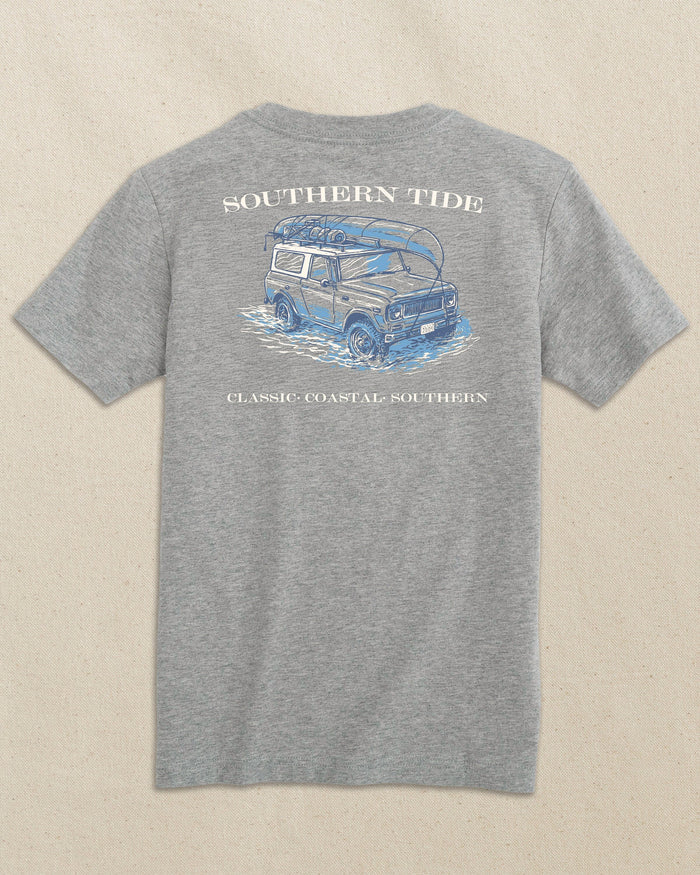 The back view of the Southern Tide Kids Scout Adventure Short Sleeve T-Shirt by Southern Tide - Heather Grey