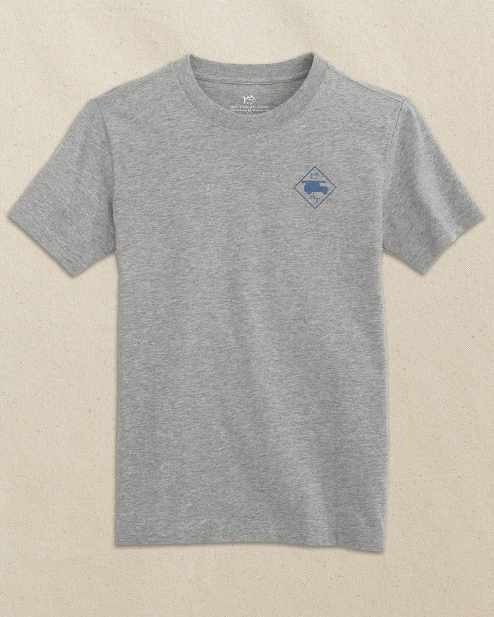 The front view of the Southern Tide Kids Scout Adventure Short Sleeve T-Shirt by Southern Tide - Heather Grey