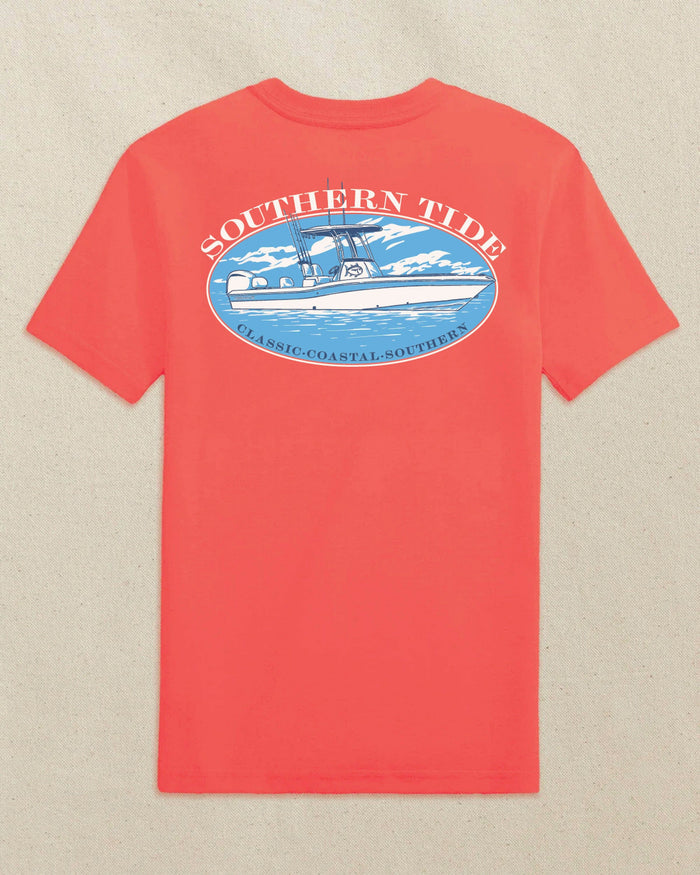 The back view of the Southern Tide Kids Skipjack Center Console Short Sleeve T-Shirt by Southern Tide - Coral Beach