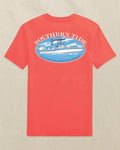 The back view of the Southern Tide Kids Skipjack Center Console Short Sleeve T-Shirt by Southern Tide - Coral Beach
