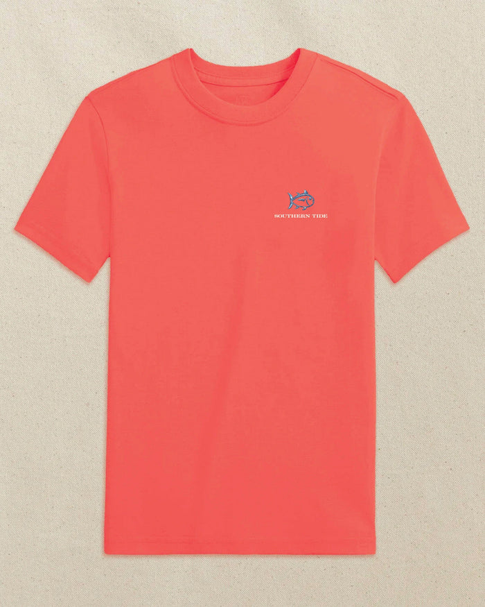 The front view of the Southern Tide Kids Skipjack Center Console Short Sleeve T-Shirt by Southern Tide - Coral Beach