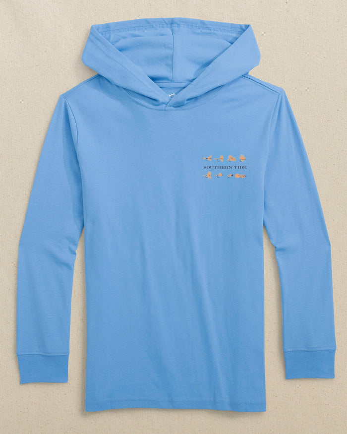 The front view of the Southern Tide Kids Southern Tide Flies Long Sleeve Hoodie T-Shirt by Southern Tide - Cerulean