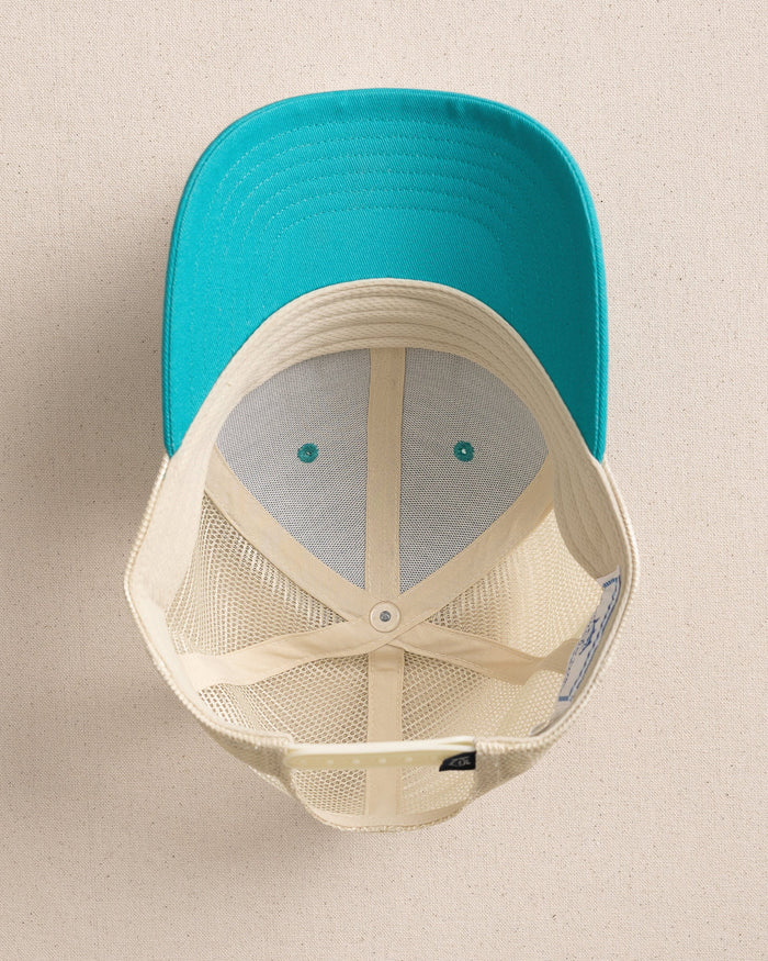 The under view of the Southern Tide Kids ST Leather Patch Trucker Hat by Southern Tide - Spruce Shade